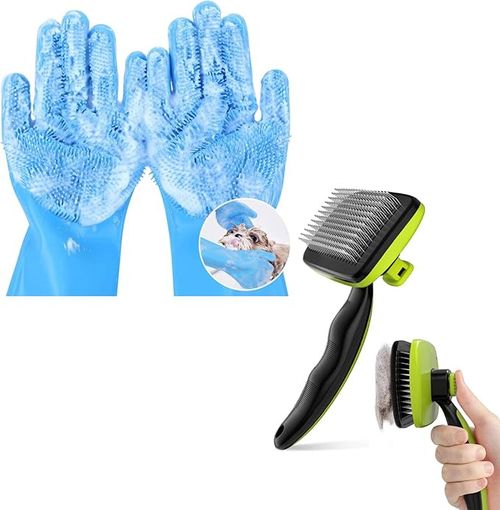 Pet Grooming Gloves - Heat Resistant Silicone Gloves with High-Density Teeth, Enhanced Five Finger Design for Bathing and Massaging Dogs and Cats, Blue