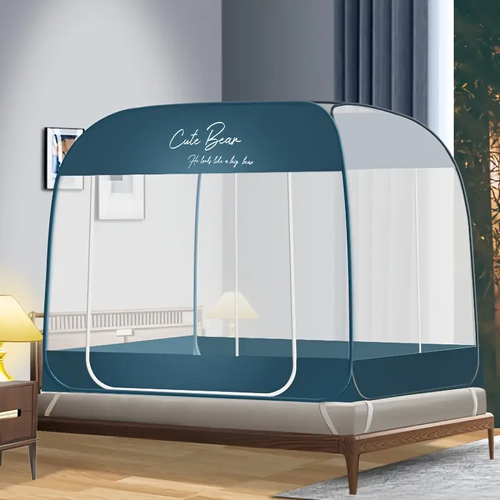 Mongolian Yurt Style Mosquito Net Bed Canopy - 100% Polyester Hand Washable No-Installation Folding Bed Drapes with Steel Wire Support & Anti-Slip Fixing Straps - Dust & Insect Protection