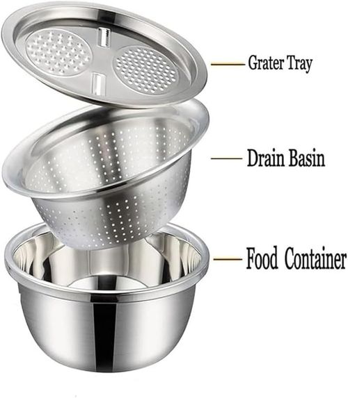 Germany Multifunctional Stainless Steel Basin,Multifunction Stainless Steel Basin with Grater 3 in 1 Vegetable Cutter for Kitchen, Vegetable Slicer Grater Strainer and Drain Basket(10.2)