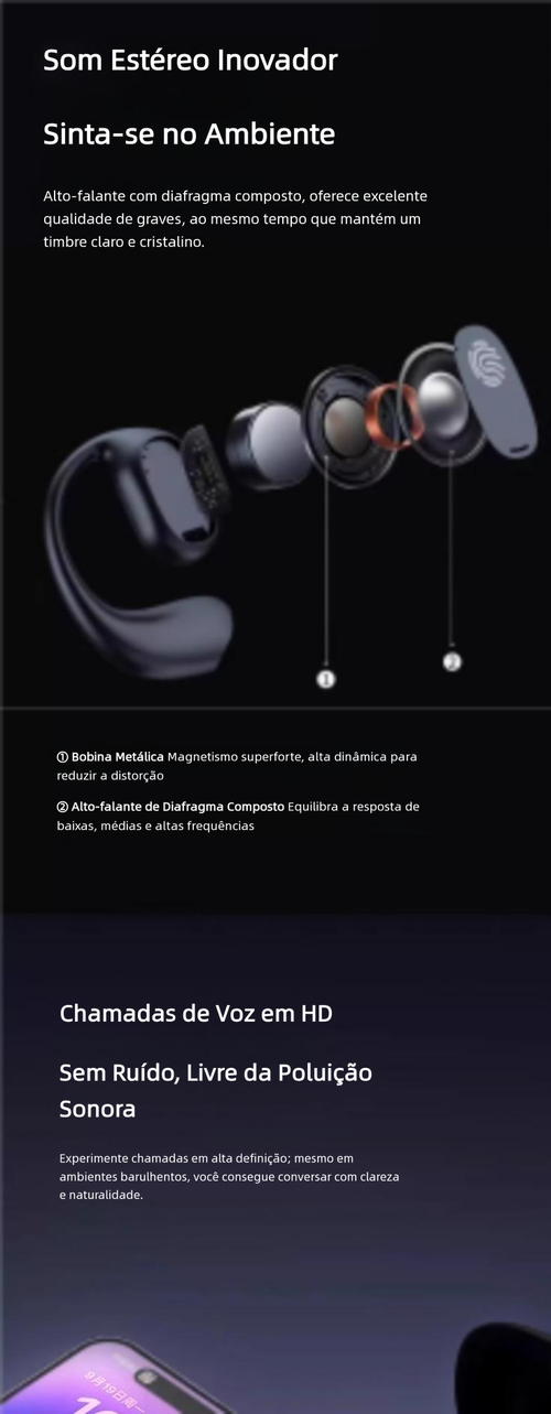 Fone Bluetooth de condução óssea cor preta, totalmente sem fio, gancho de orelha, não insere no ouvido. Modelo novo 2025 para esportes, longa autonomia, sem dor ao usar por muito tempo