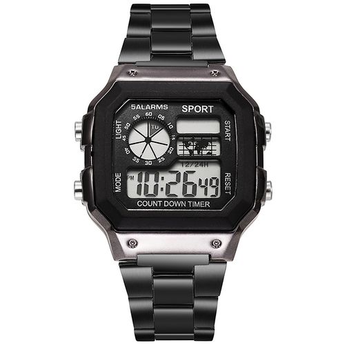 Relógio eletrónico LED de pulseira de aço quadrado, unisexo para estudantes, multifunções, impermeável, desportivo, com luz noturna e alarme