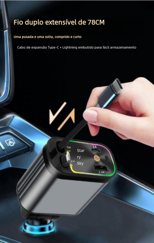 Carregador automóvel retrátil super rápido 4-em-1, com cabos retráteis anti-emaranhados, duas portas de carregamento, projeção de luz de estrelas no teto do carro, adaptador de carregamento rápido com LED de estrelas — sem aromaterapia, luz LED veicular.