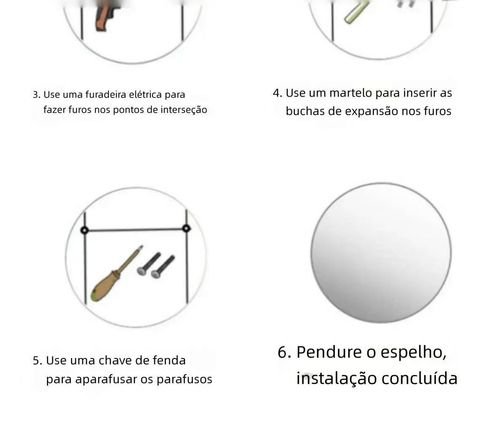 Espelho Redondo para Banheiro, Moldura em Alumínio, Instalação Sem Furo, Alta Definição, Parede