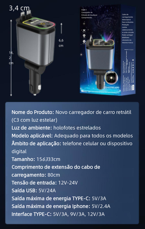 Carregador automóvel retrátil super rápido 4-em-1, com cabos retráteis anti-emaranhados, duas portas de carregamento, projeção de luz de estrelas no teto do carro, adaptador de carregamento rápido com LED de estrelas — sem aromaterapia, luz LED veicular.