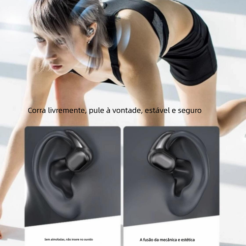 Fone Bluetooth de condução óssea cor preta, totalmente sem fio, gancho de orelha, não insere no ouvido. Modelo novo 2025 para esportes, longa autonomia, sem dor ao usar por muito tempo