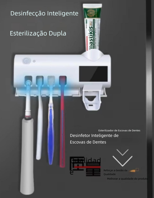 Suporte de Escova Dental Inteligente com Esterilização por UV, Multifuncional, Parede, Instalação Sem Furos, Kit Completo