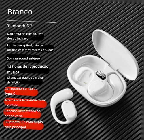 Fone Bluetooth de condução óssea cor preta, totalmente sem fio, gancho de orelha, não insere no ouvido. Modelo novo 2025 para esportes, longa autonomia, sem dor ao usar por muito tempo