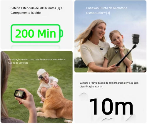 Câmera nova Osmo Nano Standard Combo 128GB, sensor com lente de ângulo amplo de 143 graus, impermeável até 10 metros e estabilização anti-vibração