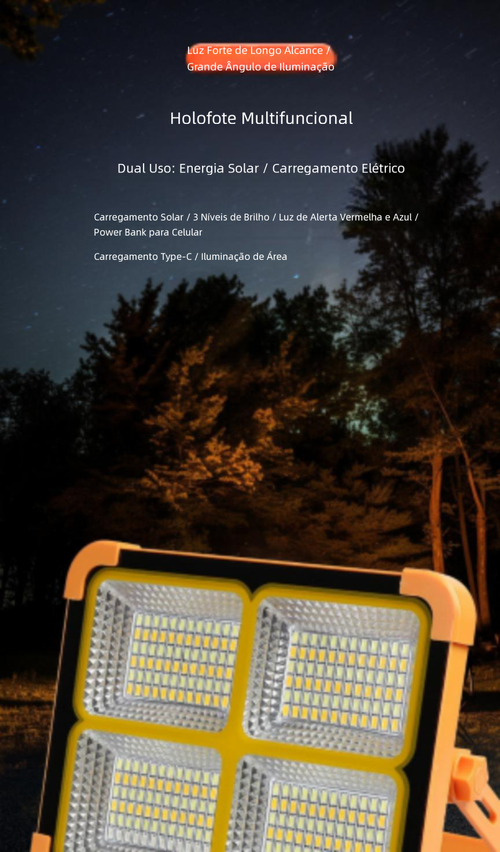 Luz Solar Portátil Multifuncional com Holofote Recarregável para Camping e Emergências