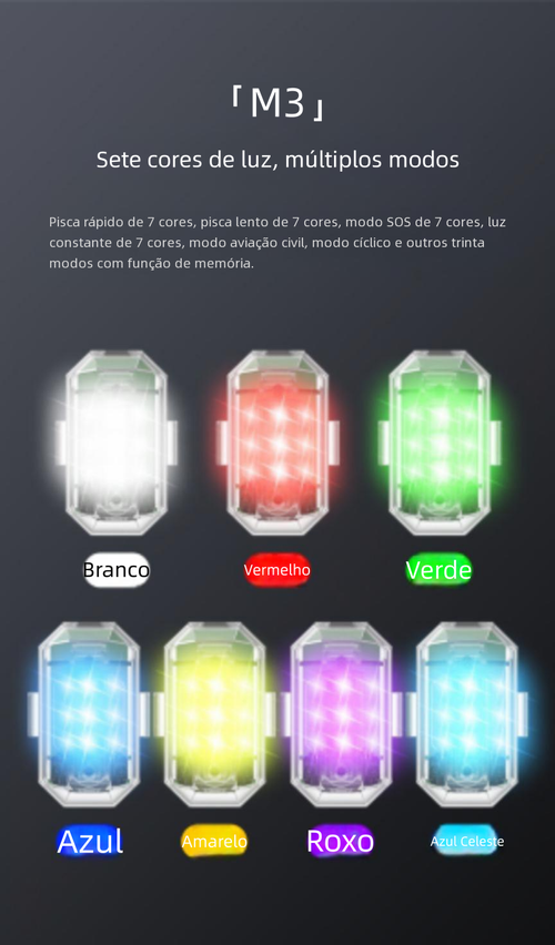 Luz Estroboscópica M3 LED Controlo Remoto, Luz de Voo Noturno para Drone, Moto, Carro e Bicicleta
