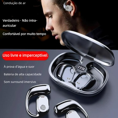 Fone Bluetooth de condução óssea cor preta, totalmente sem fio, gancho de orelha, não insere no ouvido. Modelo novo 2025 para esportes, longa autonomia, sem dor ao usar por muito tempo