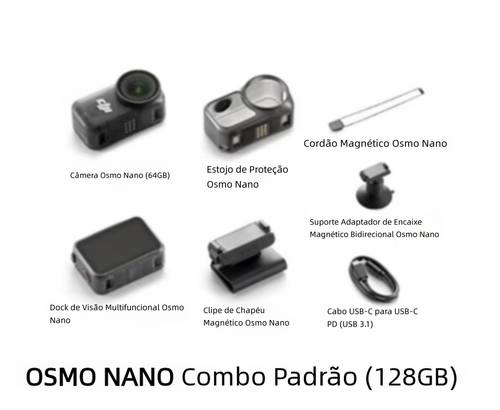 Câmera nova Osmo Nano Standard Combo 128GB, sensor com lente de ângulo amplo de 143 graus, impermeável até 10 metros e estabilização anti-vibração