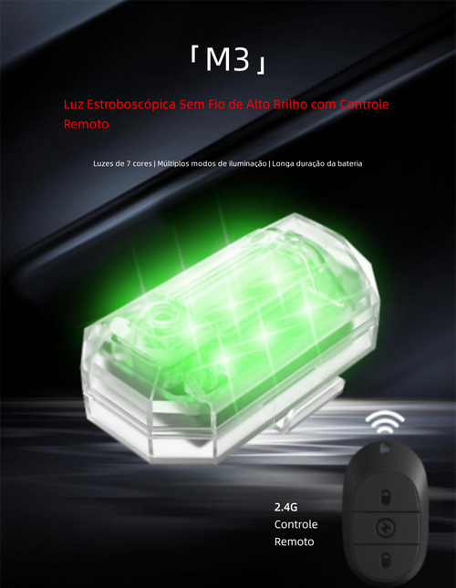 Luz Estroboscópica M3 LED Controlo Remoto, Luz de Voo Noturno para Drone, Moto, Carro e Bicicleta