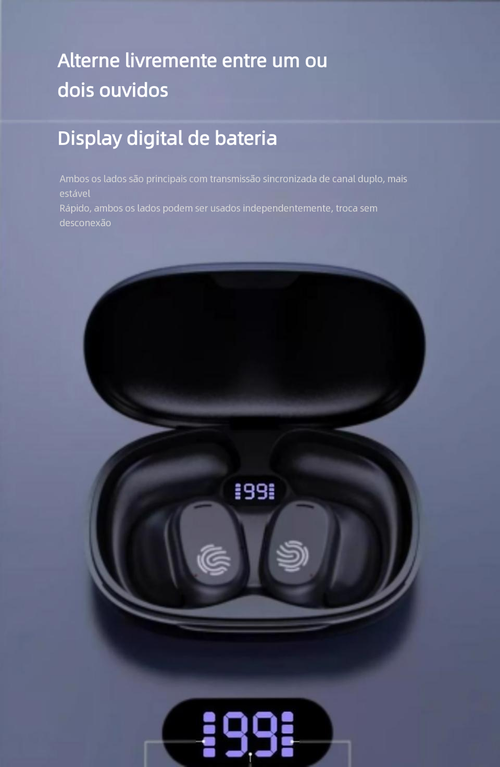 Fone Bluetooth de condução óssea cor preta, totalmente sem fio, gancho de orelha, não insere no ouvido. Modelo novo 2025 para esportes, longa autonomia, sem dor ao usar por muito tempo