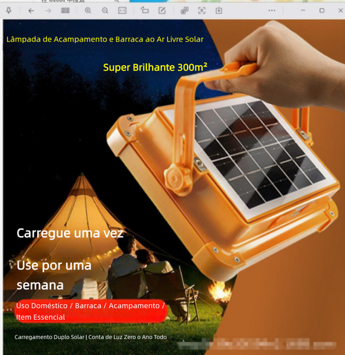Luz Solar Portátil Multifuncional com Holofote Recarregável para Camping e Emergências