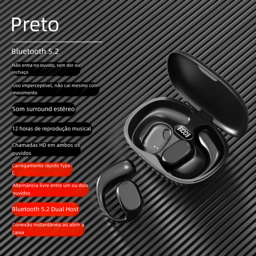 Fone Bluetooth de condução óssea cor preta, totalmente sem fio, gancho de orelha, não insere no ouvido. Modelo novo 2025 para esportes, longa autonomia, sem dor ao usar por muito tempo