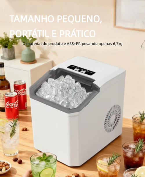 Máquina de gelo automática doméstica em aço inoxidável, produz gelo em bala e esférico, funcionamento contínuo 24 horas
