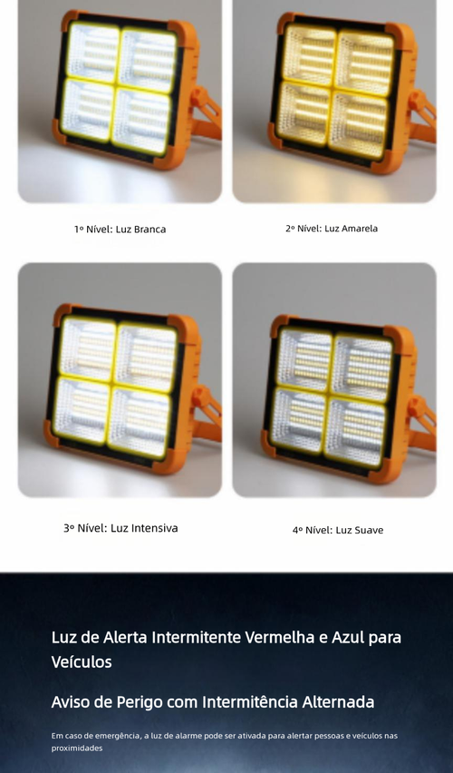 Luz Solar Portátil Multifuncional com Holofote Recarregável para Camping e Emergências