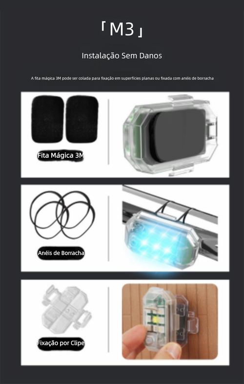 Luz Estroboscópica M3 LED Controlo Remoto, Luz de Voo Noturno para Drone, Moto, Carro e Bicicleta