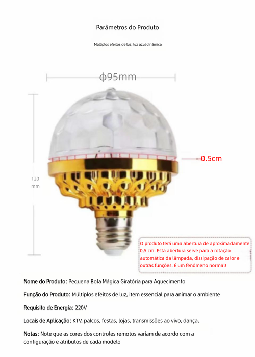 Lâmpada Bola Mágica LED Colorida E27, Luz Rotativa para Palco, KTV e Bar, Efeito Laser e Piscante, Cor Dourada