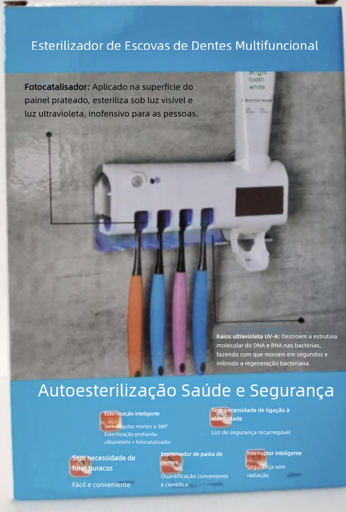 Suporte de Escova Dental Inteligente com Esterilização por UV, Multifuncional, Parede, Instalação Sem Furos, Kit Completo
