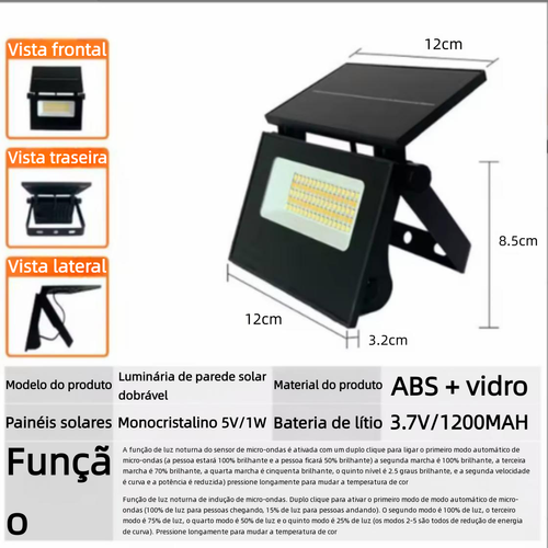 Projetor LED Solar Dobrável | IP65 Impermeável | Sensor de Movimento | Regulável + Controle Remoto | Ra 90 | Para Jardim e Parede Externa