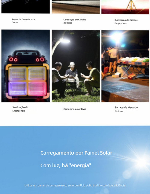Luz Solar Portátil Multifuncional com Holofote Recarregável para Camping e Emergências