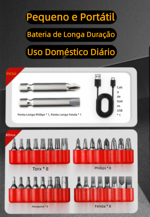Chave de Fenda Elétrica Sem Fio Mini 3,6V, Bateria 2000mAh, Furadeira Multifuncional Doméstica com Brocas