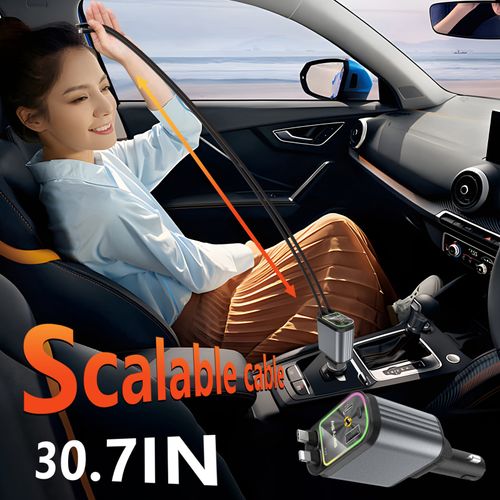 Carregador automóvel retrátil super rápido 4-em-1, com cabos retráteis anti-emaranhados, duas portas de carregamento, projeção de luz de estrelas no teto do carro, adaptador de carregamento rápido com LED de estrelas — sem aromaterapia, luz LED veicular.