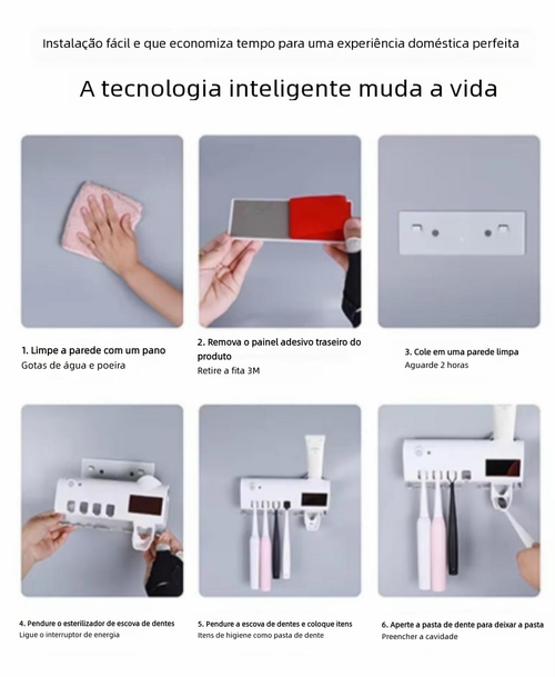 Suporte de Escova Dental Inteligente com Esterilização por UV, Multifuncional, Parede, Instalação Sem Furos, Kit Completo