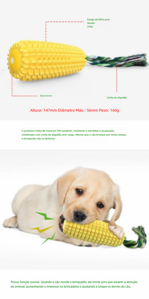 Brinquedo para Pets: Milho Sonoro, Mordedor para Limpeza Dental, Escova de Cachorro e Corda de Algodão em TPR, Ideal para Cães e Gatos