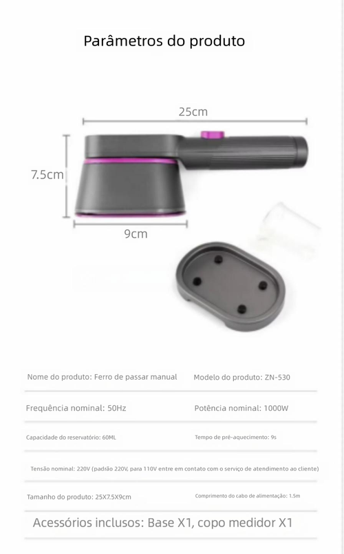 Vaporizador de Roupas Portátil de Mão, Uso Seco e Úmido, 1000W, com Proteção contra Queima a Seco, Mini e Compacto para Uso Doméstico