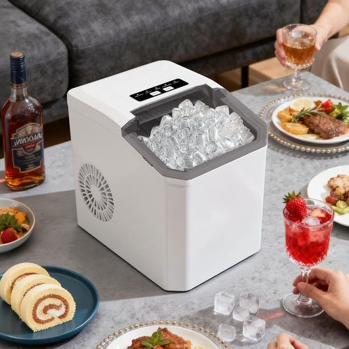 Máquina de gelo automática doméstica em aço inoxidável, produz gelo em bala e esférico, funcionamento contínuo 24 horas