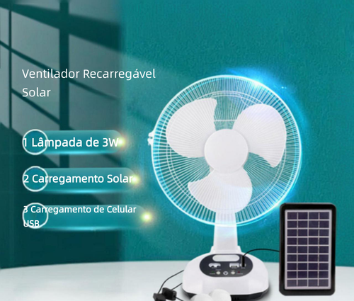 Ventilador solar com iluminação multifuncional para exterior e recarregável