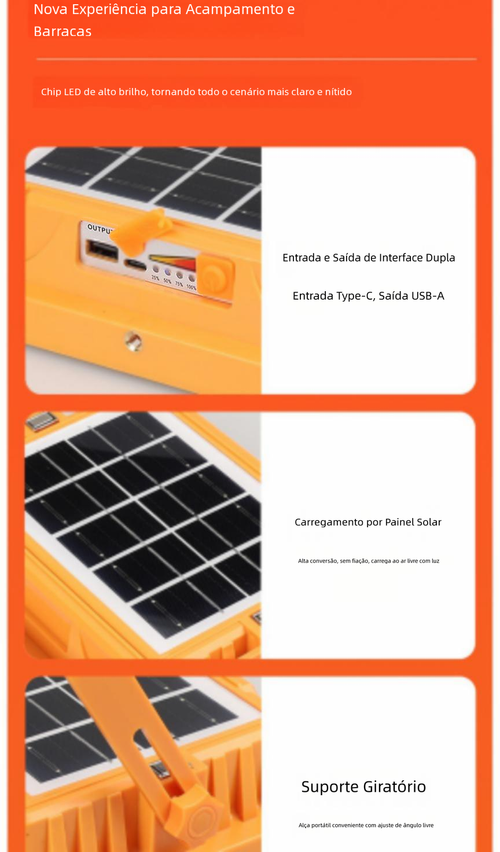 Luz Solar Portátil Multifuncional com Holofote Recarregável para Camping e Emergências