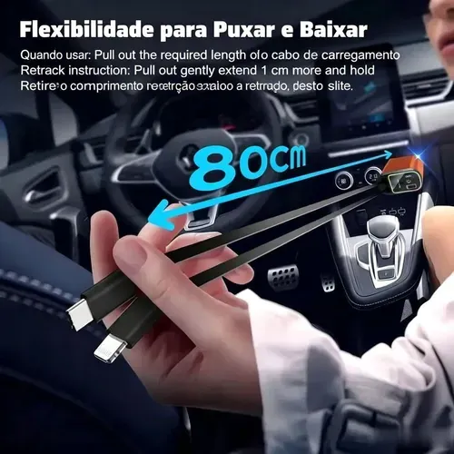 Carregador automóvel retrátil super rápido 4-em-1, com cabos retráteis anti-emaranhados, duas portas de carregamento, projeção de luz de estrelas no teto do carro, adaptador de carregamento rápido com LED de estrelas — sem aromaterapia, luz LED veicular.