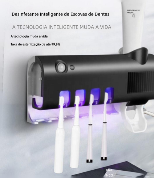 Suporte de Escova Dental Inteligente com Esterilização por UV, Multifuncional, Parede, Instalação Sem Furos, Kit Completo