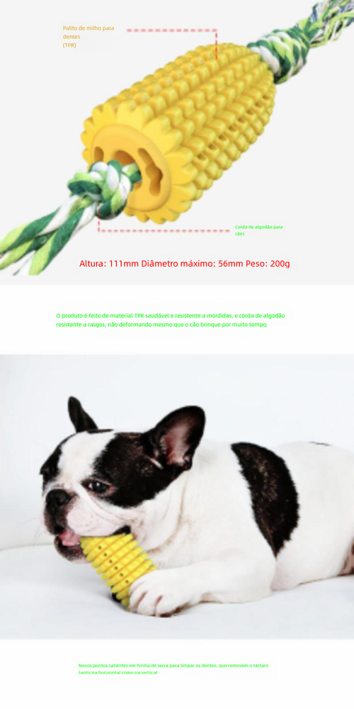 Brinquedo para Pets: Milho Sonoro, Mordedor para Limpeza Dental, Escova de Cachorro e Corda de Algodão em TPR, Ideal para Cães e Gatos