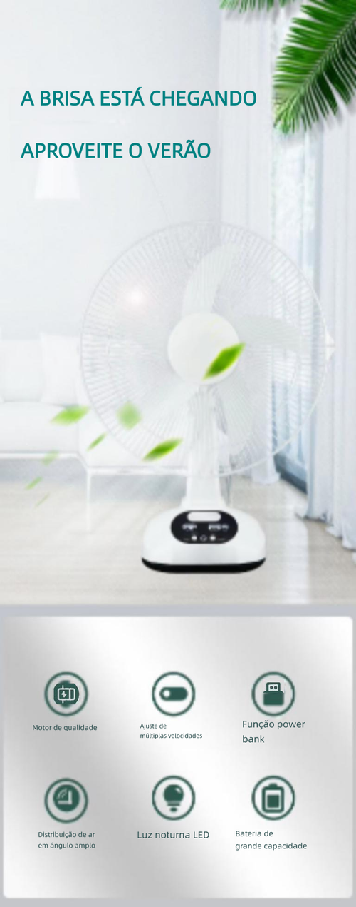 Ventilador solar com iluminação multifuncional para exterior e recarregável