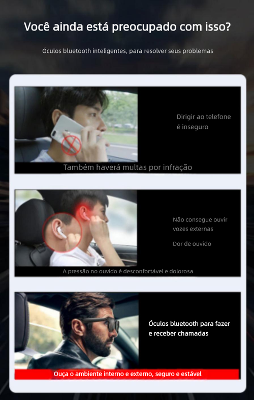 Óculos Inteligentes para Motoristas, Óculos de Sol Anti-Luz Azul com Fone Bluetooth e Áudio IA