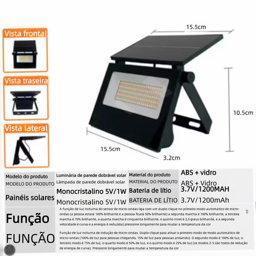 Projetor LED Solar Dobrável | IP65 Impermeável | Sensor de Movimento | Regulável + Controle Remoto | Ra 90 | Para Jardim e Parede Externa