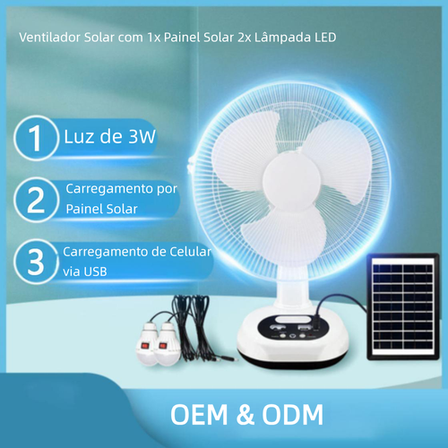 Ventilador solar com iluminação multifuncional para exterior e recarregável