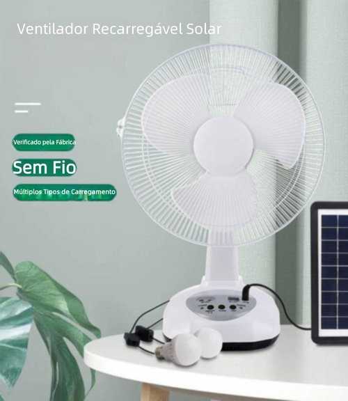 Ventilador solar com iluminação multifuncional para exterior e recarregável