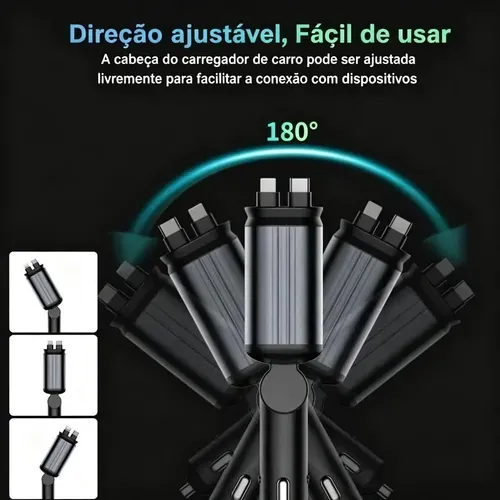 Carregador automóvel retrátil super rápido 4-em-1, com cabos retráteis anti-emaranhados, duas portas de carregamento, projeção de luz de estrelas no teto do carro, adaptador de carregamento rápido com LED de estrelas — sem aromaterapia, luz LED veicular.