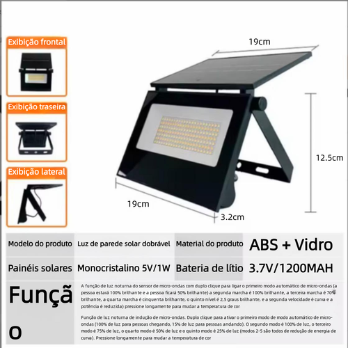 Projetor LED Solar Dobrável | IP65 Impermeável | Sensor de Movimento | Regulável + Controle Remoto | Ra 90 | Para Jardim e Parede Externa