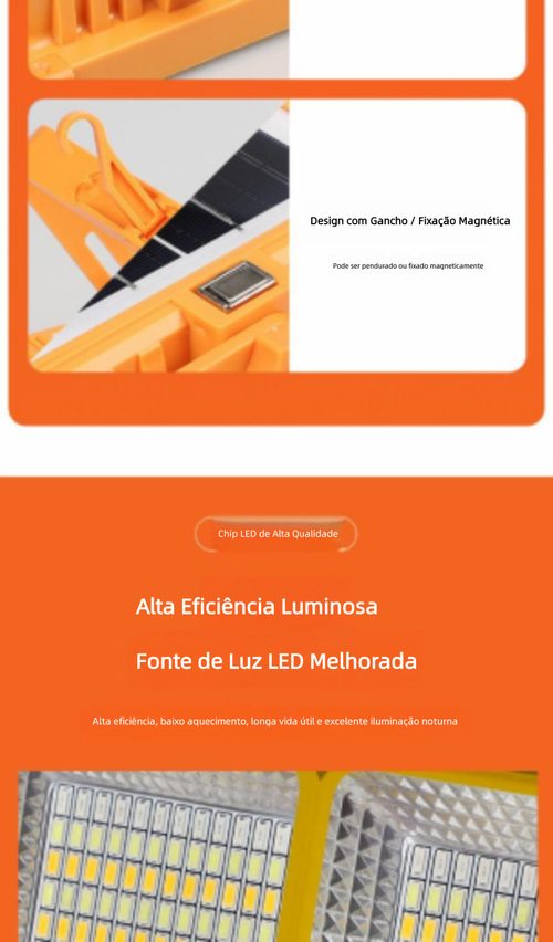 Luz Solar Portátil Multifuncional com Holofote Recarregável para Camping e Emergências