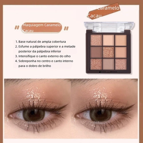 Paleta de 9 Cores de Sombras Taro e Café com Leite, Fosca, Brilho e Glitter Fino