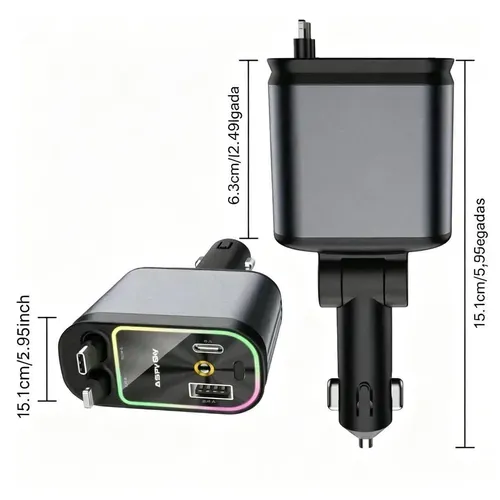 Carregador automóvel retrátil super rápido 4-em-1, com cabos retráteis anti-emaranhados, duas portas de carregamento, projeção de luz de estrelas no teto do carro, adaptador de carregamento rápido com LED de estrelas — sem aromaterapia, luz LED veicular.
