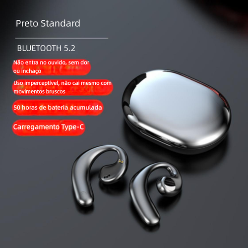 Fone Bluetooth de condução óssea cor preta, totalmente sem fio, gancho de orelha, não insere no ouvido. Modelo novo 2025 para esportes, longa autonomia, sem dor ao usar por muito tempo