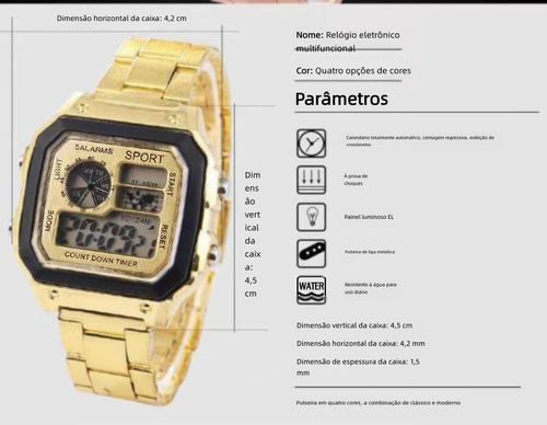 Relógio eletrónico LED de pulseira de aço quadrado, unisexo para estudantes, multifunções, impermeável, desportivo, com luz noturna e alarme